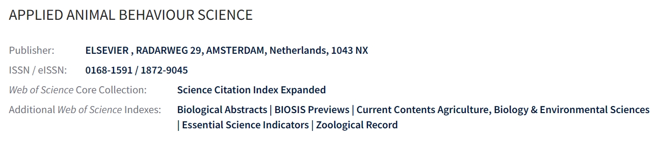 Applied Animal Behaviour Science的分区-佩普学术