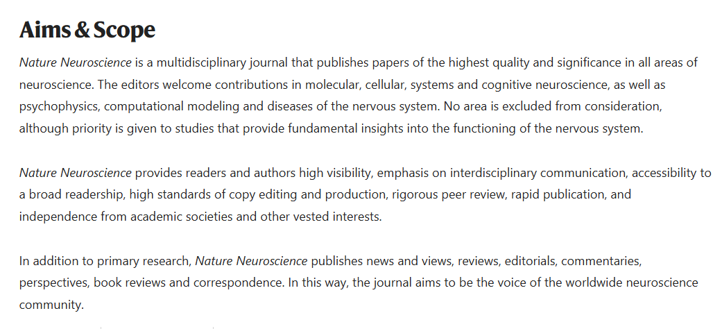Nature Neuroscience目标与范围