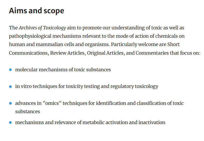 ARCHIVES OF TOXICOLOGY目标与范围