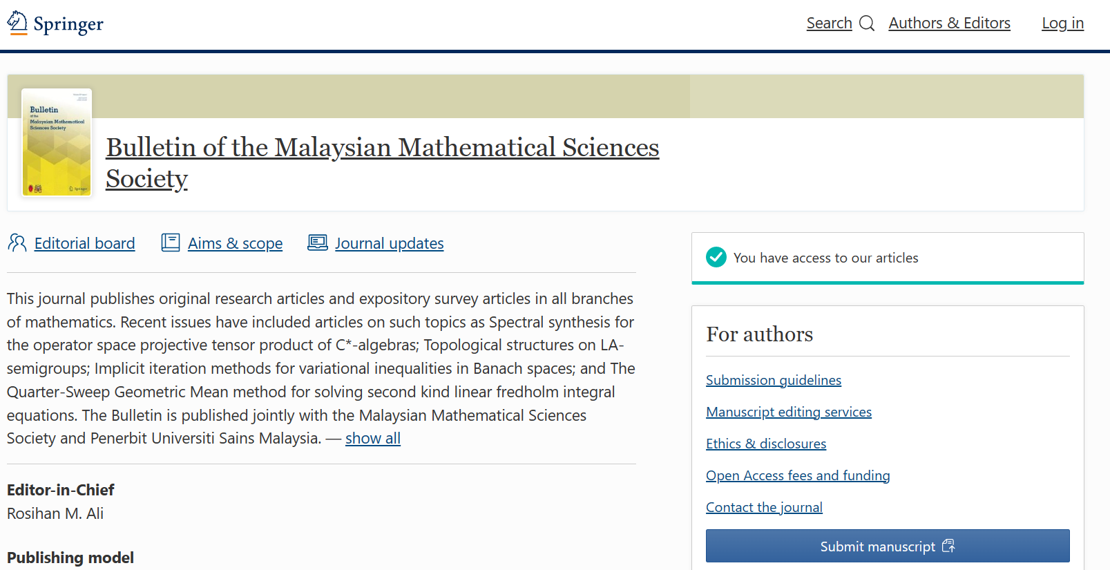 Bulletin of the Malaysian Mathematical Sciences Society马来西亚数学期刊刊鹿选刊