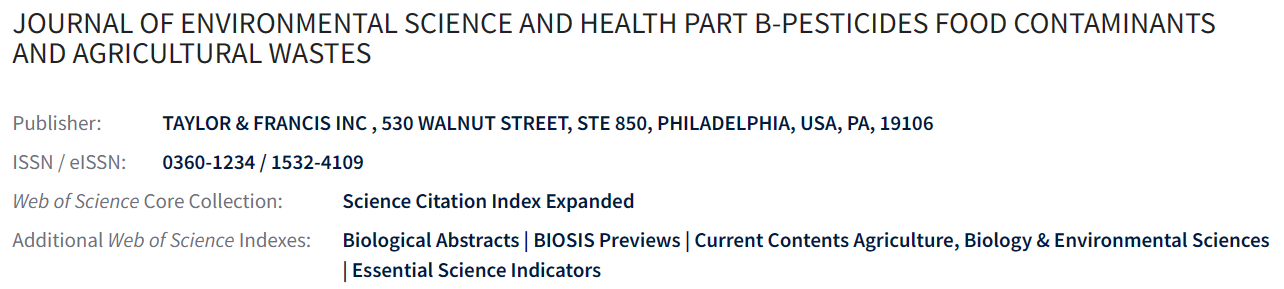 Journal Of Environmental Science And Health, Part B, Pesticides, Food ...