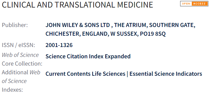 Clinical and Translational Medicine的分区-佩普学术