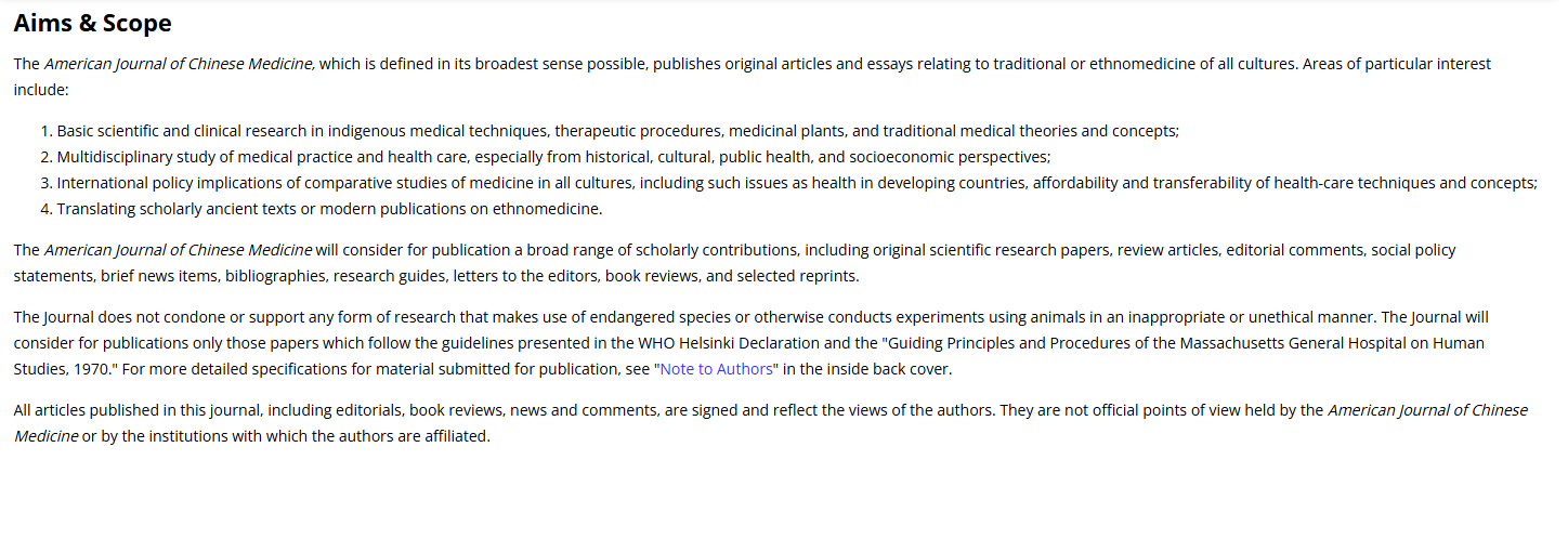 American Journal of Chinese Medicine投稿目标与范围