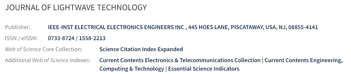 Journal Of Lightwave Technology的分区-佩普学术